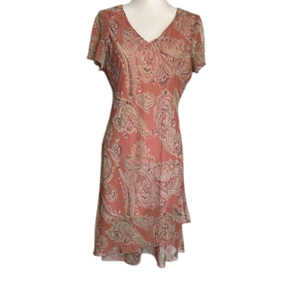 -Vintage 90s Babydoll Dress Womens 12 Flutter Sleeve Tiered Paisly Fairy Pink